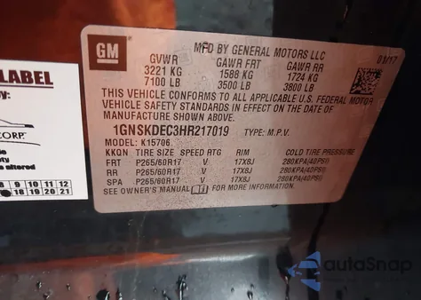 2017 Chevrolet Tahoe Commercial Fleet из США, поврежденный, VIN 1GNSKDEC3HR217019